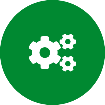 White cogs icon on a round green background