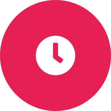 White clock icon on a round crimson background