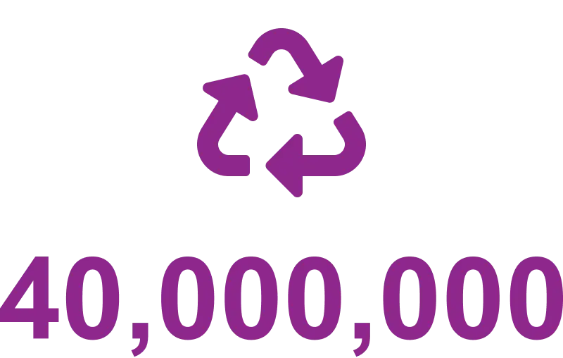 Лилаво изображение за рециклиране с три стрелки с 40 000 000, изписано отдолу