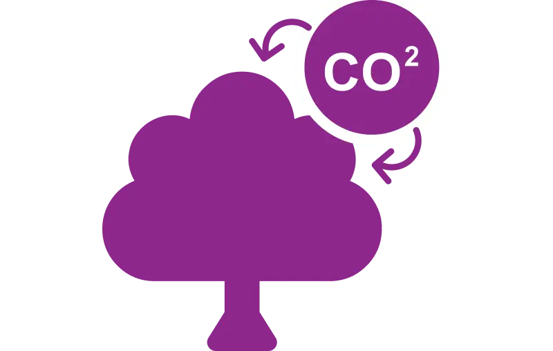 Лилаво изображение с надпис CO2 в кръг със стрелки, сочещи дърво