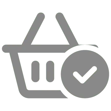 Grey basket with white tick in grey circle