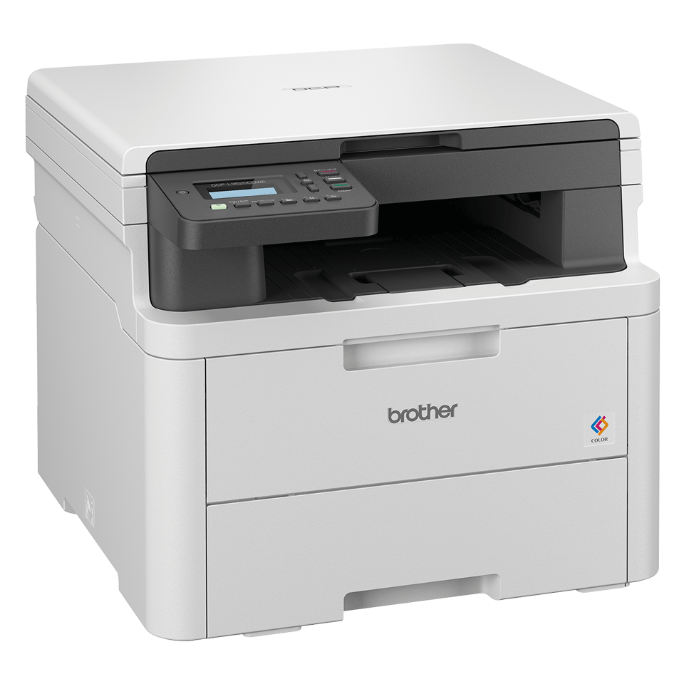 DCP-L3520CDWE 3-in-1 printer positioned facing 3/4 right on a white background