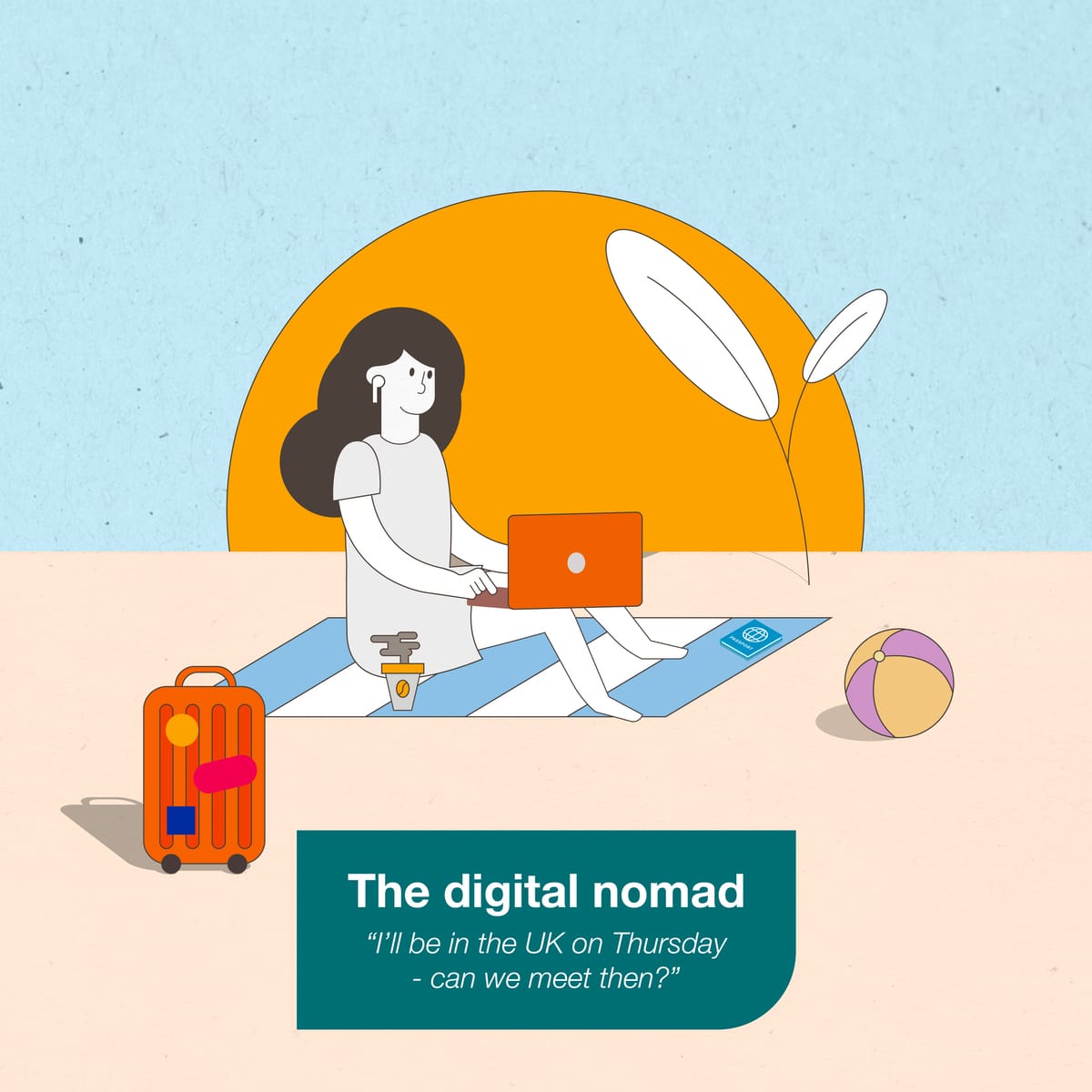 Illustration of a digital nomad arranging a meeting using a notebook computer while sat on a towel on a sunny beach