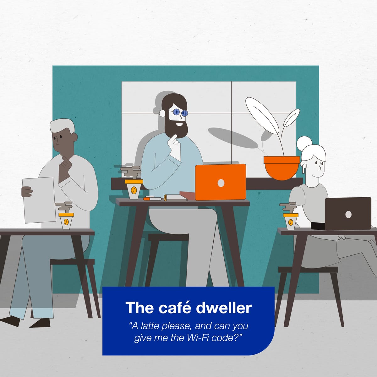 Illustration of a cafe dweller ordering a latte and asking for the Wi-Fi code while using his notebook computer at a table