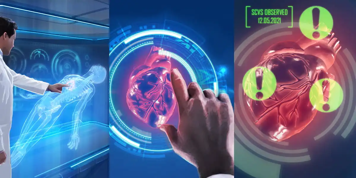 future of healthcare, a doctor uses 3D holography to diagnose a patient