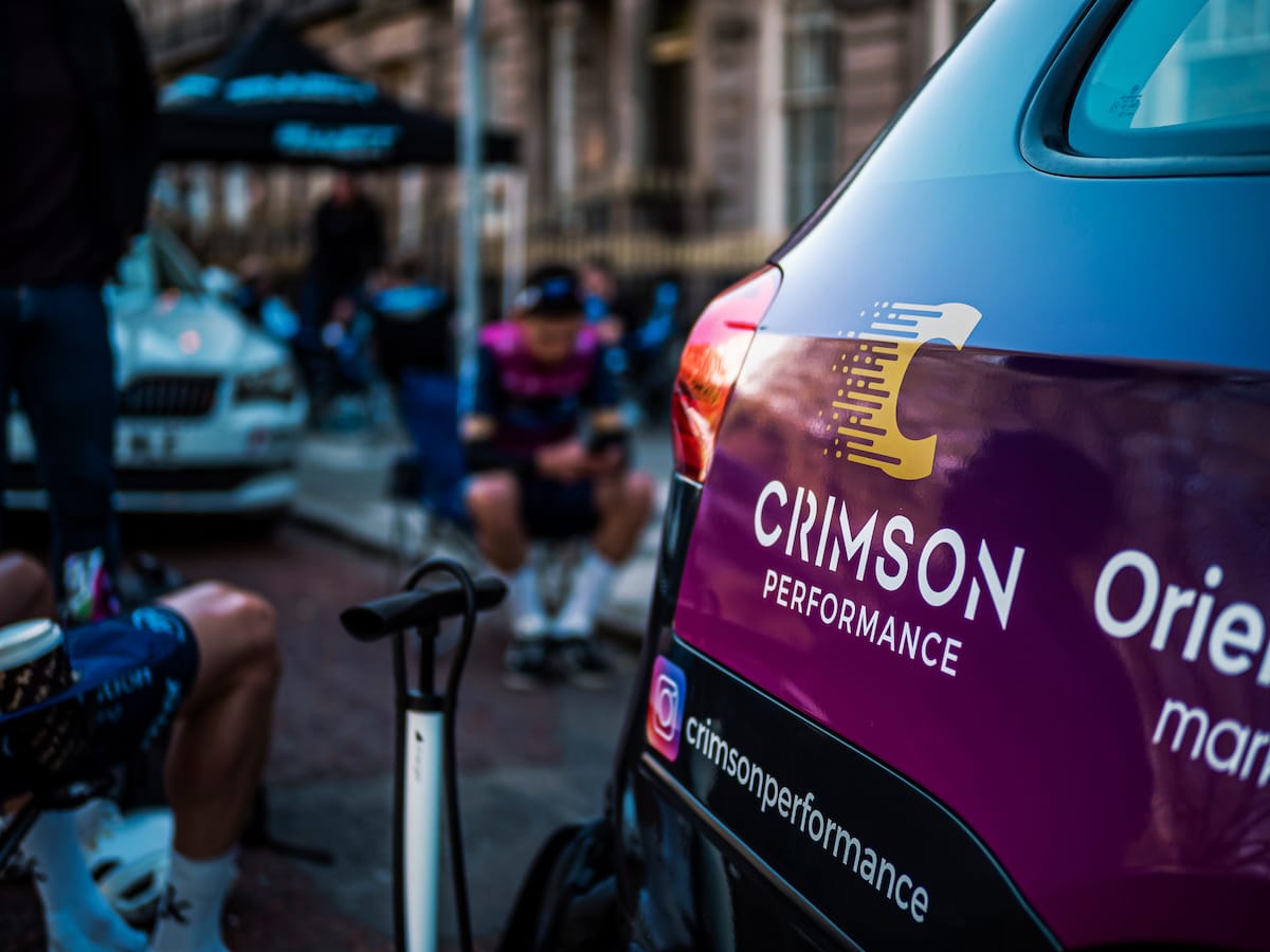 Close-up of the Crimson Performance support vehicle livery