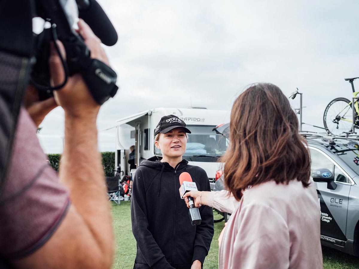 Leah Dixon, Brother UK cyclist interviewed after a race