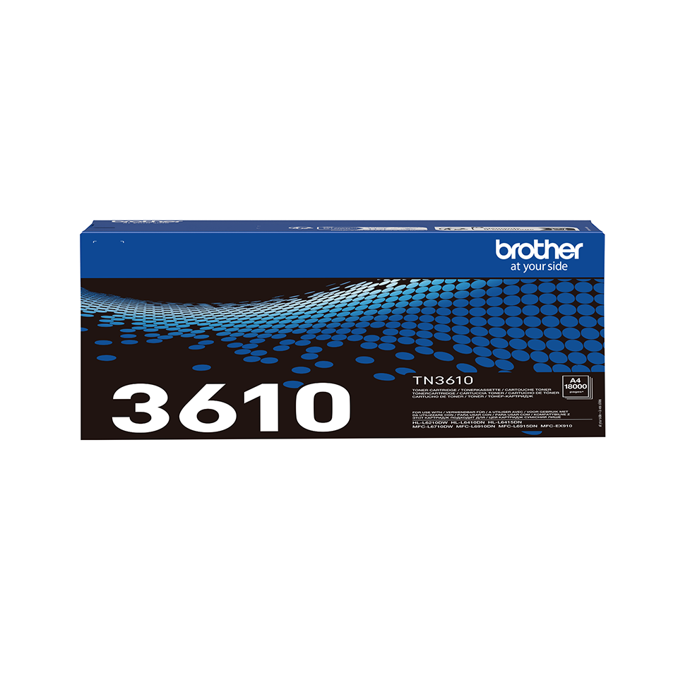 Brother TN3610 black toner cartridge carton facing forward on a white background