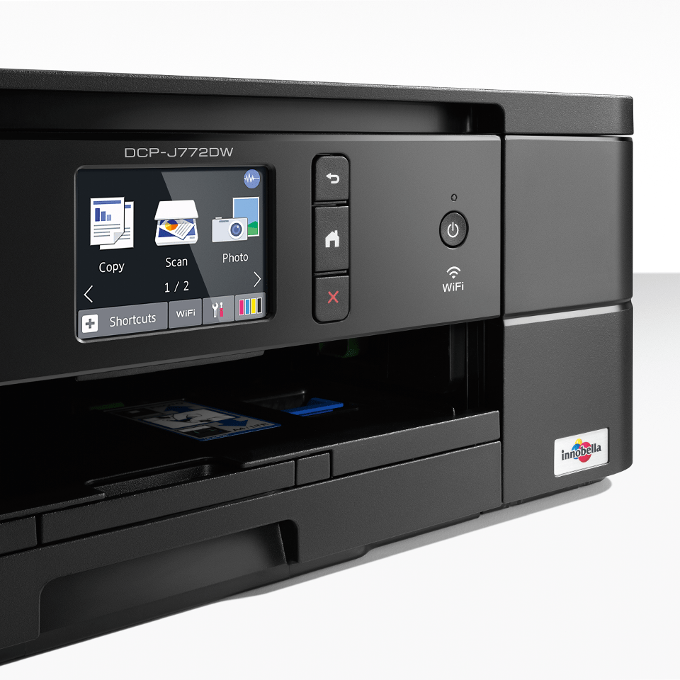 Close up shot of black inkjet with touchscreen on - DCPJ772DW