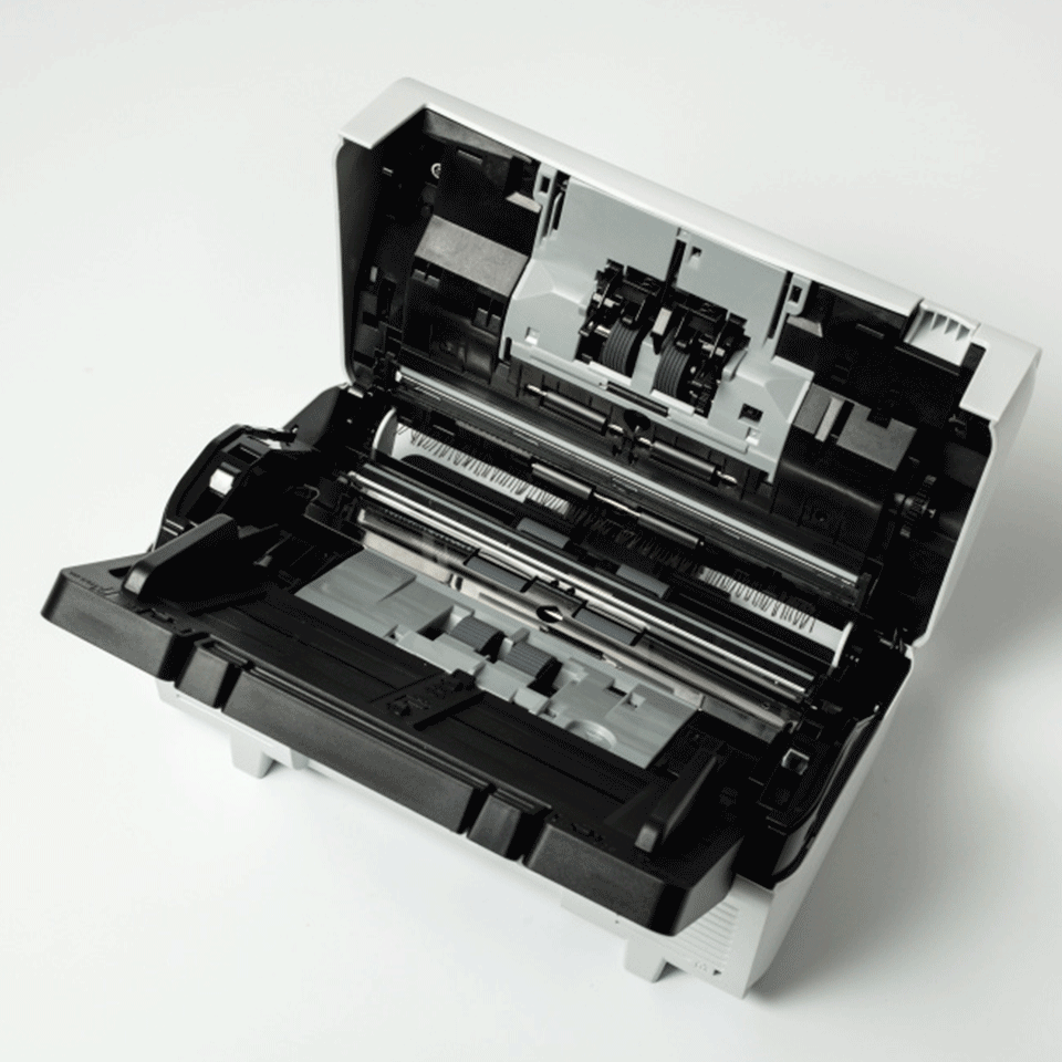 Scanner open showing rollers