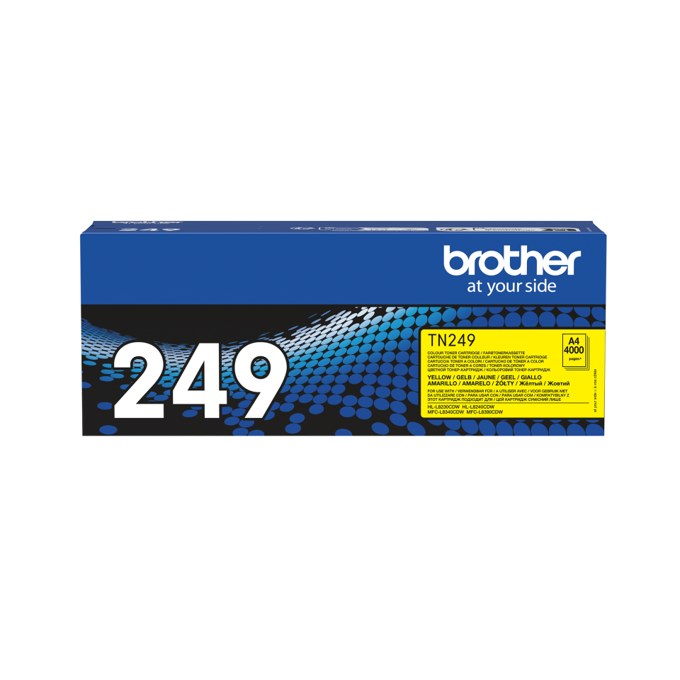 Brother TN249Y Yellow toner carton positioned facing front on a white background