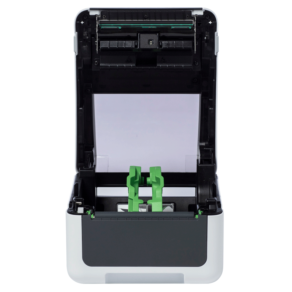 Brother TD-4D label printer with lid open showing the replacement print head PA-HU3-001