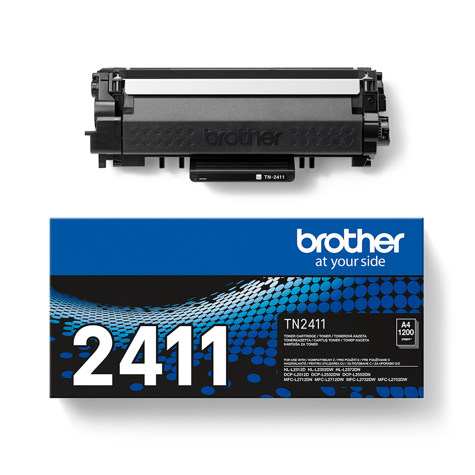 Brother TN2411 mono laser toner cartridge facing right