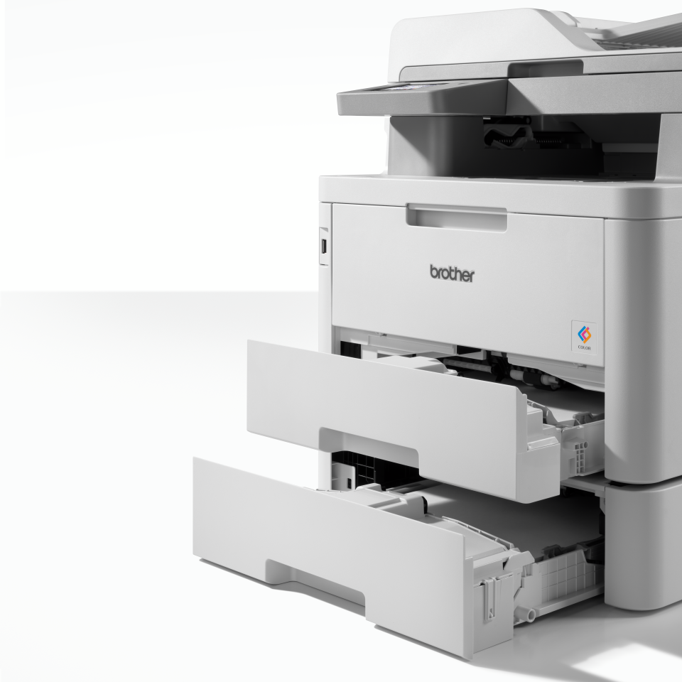 Brothers MFC-L8390CDW printer shown with the LT310CL paper tray attached and open
