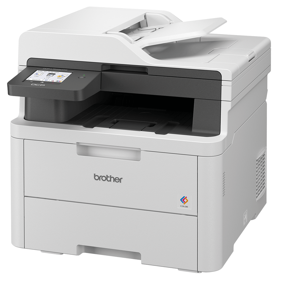 Brother DCP-L3555CDW 3-in-1 LED printer facing left on a white background