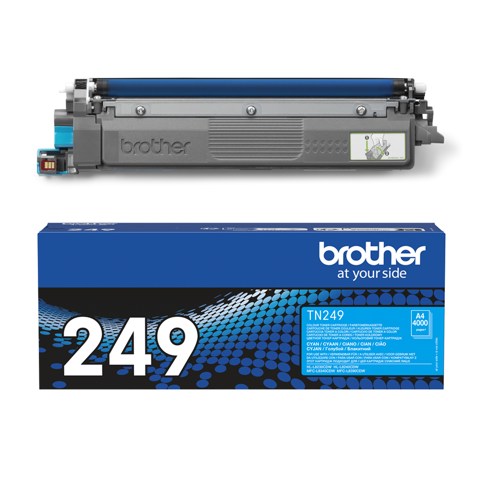 TN249C toner cartridge with carton on a white background