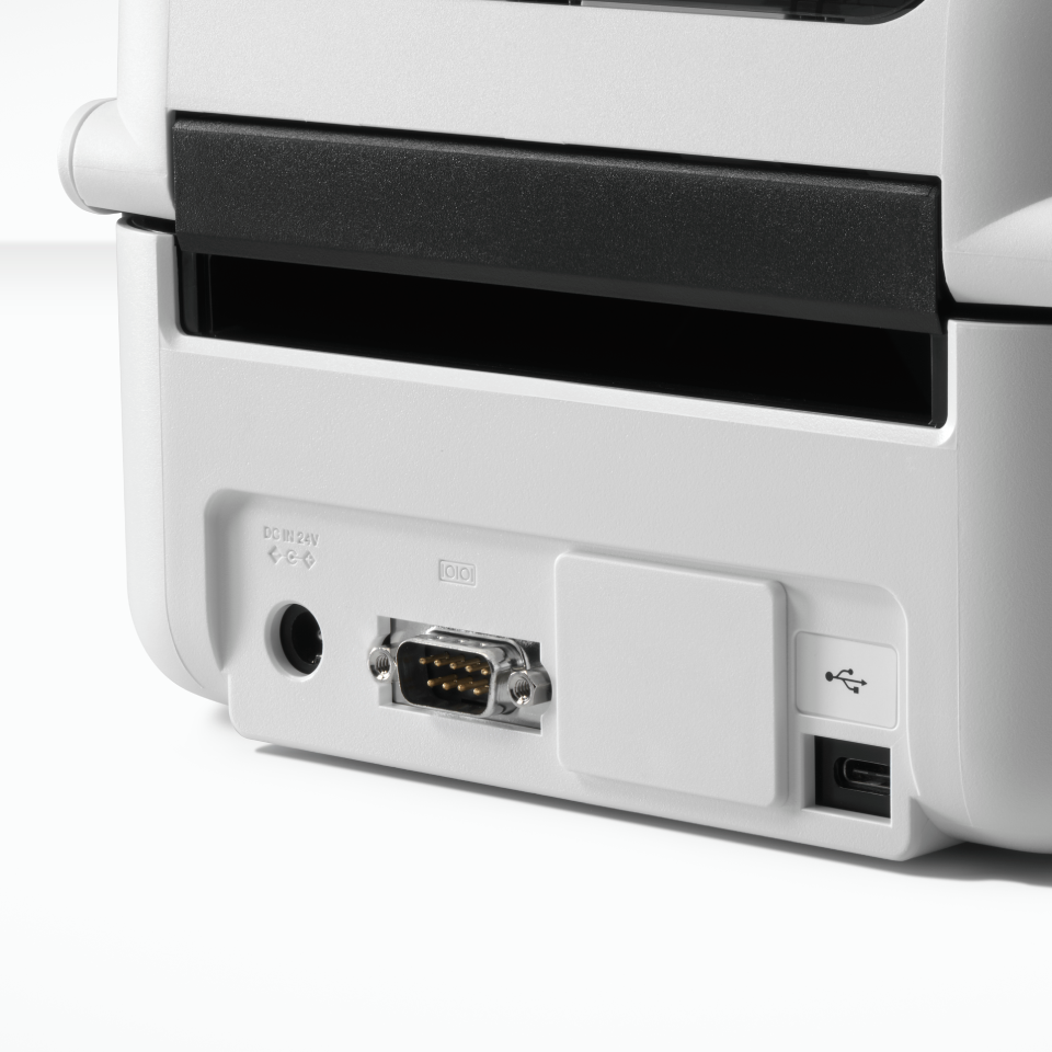 <p>A close up of the connectivity ports for the TD-4215D direct thermal label printer</p>