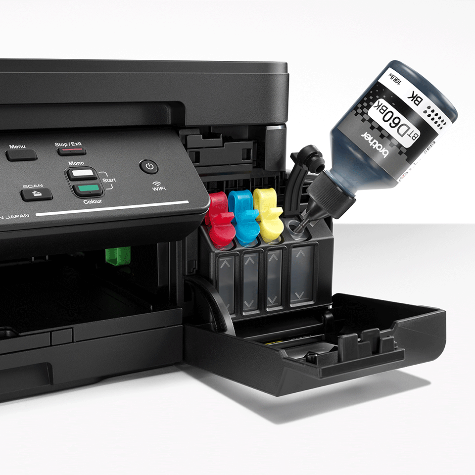 DCPT710W black inkjet printer with ink bottle inserted