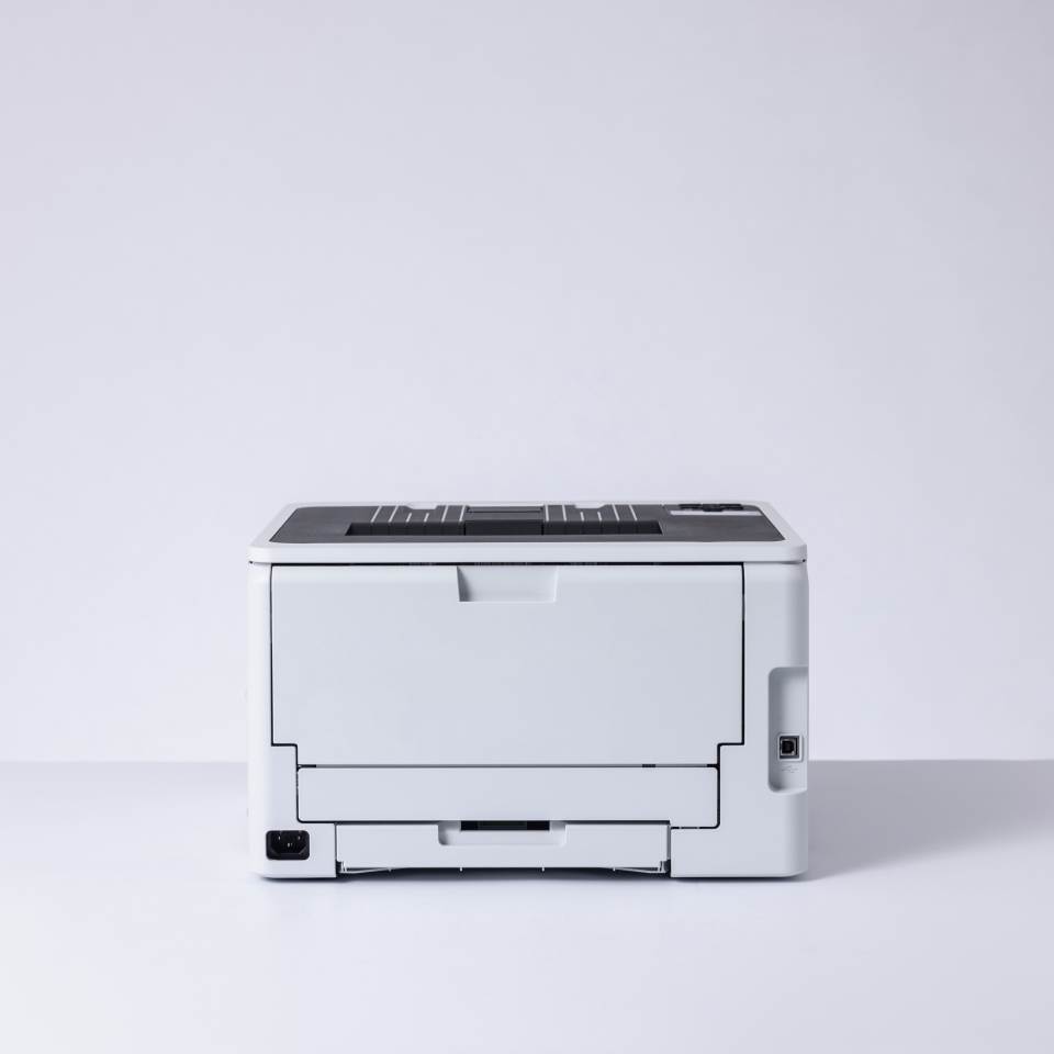 Brother HL-L3220CWE colour LED printer facing back on a white background