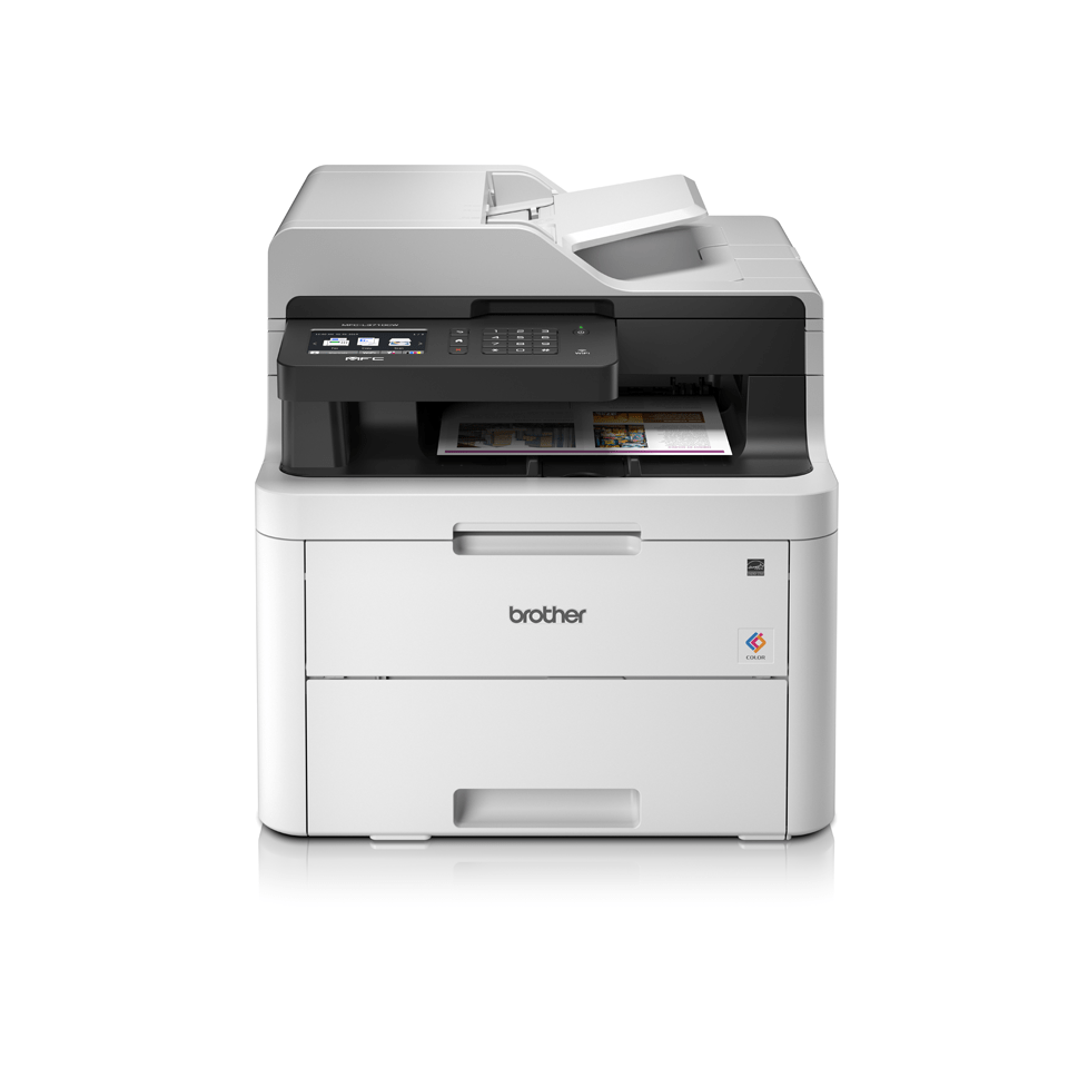 MFCL3710CW colour LED wireless printers front facing with paper