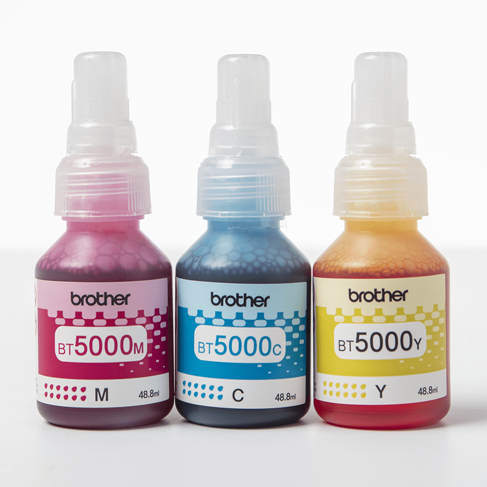 Detail shot of BT5000M, BT5000C and BT5000Y ink bottles on white background