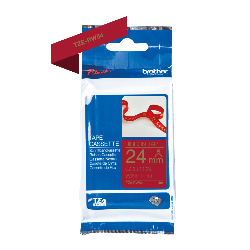 TZe-RW54 24mm gold on wine red TZe ribbon tape packaging