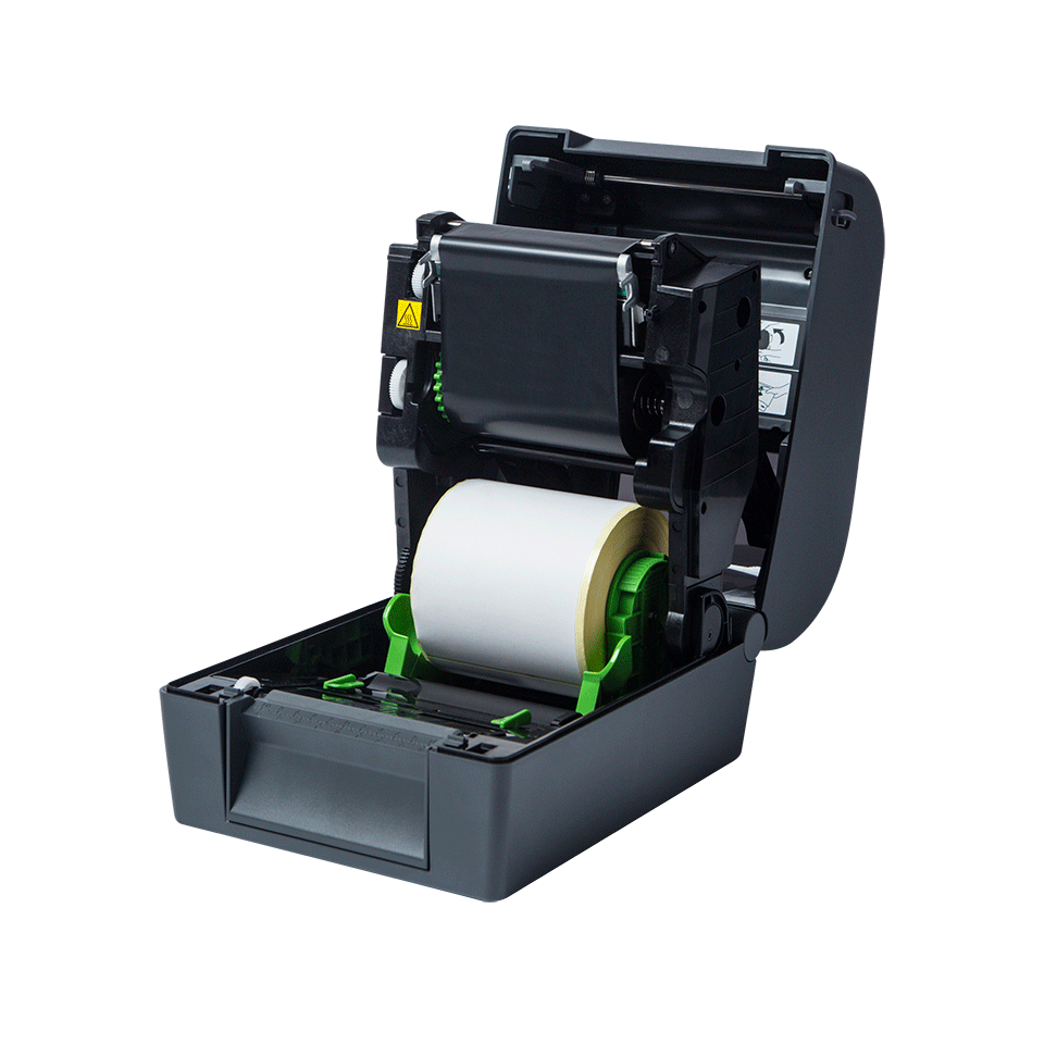 TD4750TNWB label printer open with label and ribbon inside