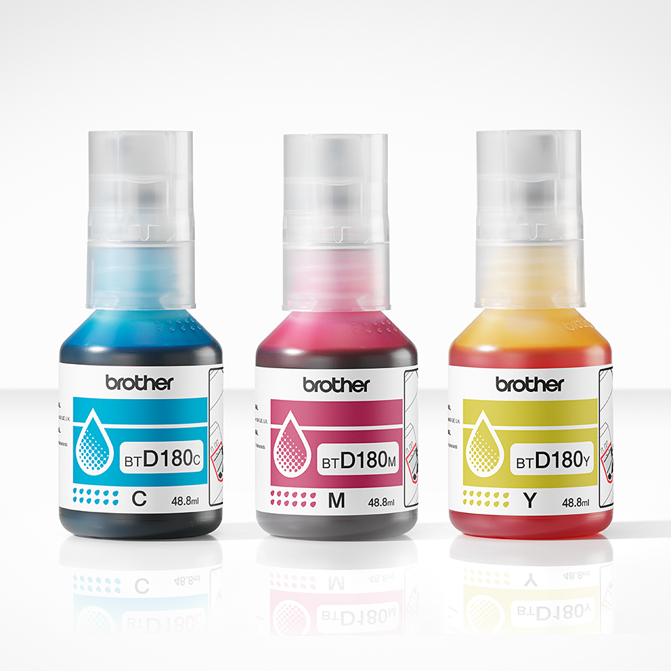 <p>BTD180CLVAL cyan, magenta and yellow ink bottles</p>