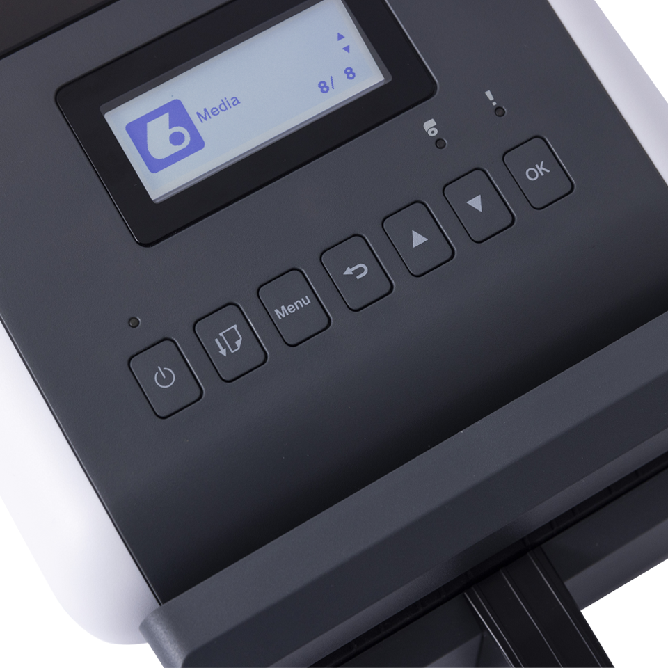 <p>A close up of the user interface of the TD4555DNWBFC linerless label printer. </p>