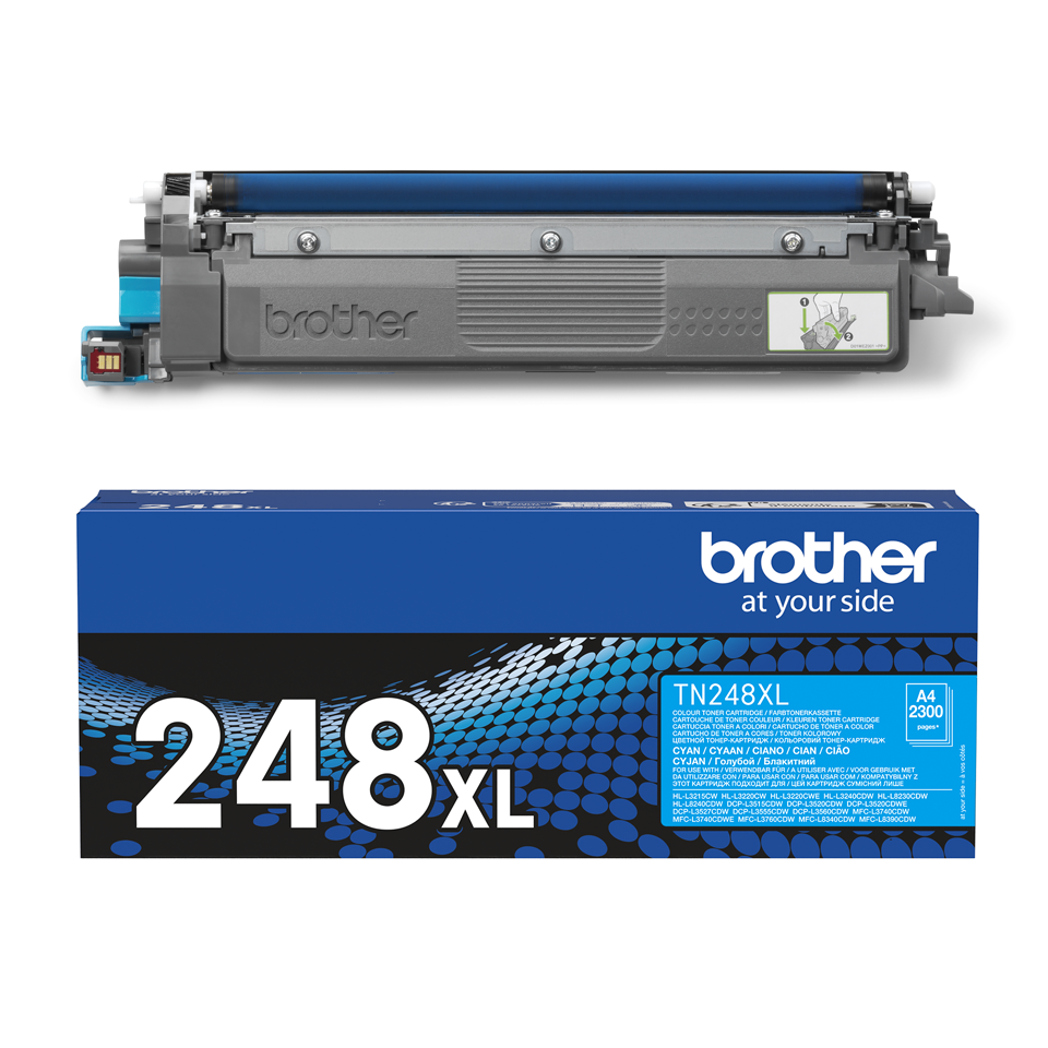 TN248XLC toner cartridge with carton on a white background