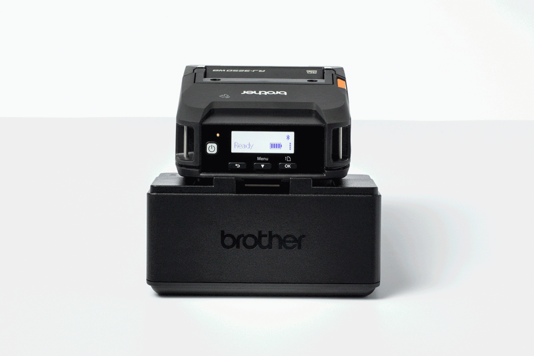 PACR005 1-bay charging cradle accessory with Brother RJ-3200 printer charging