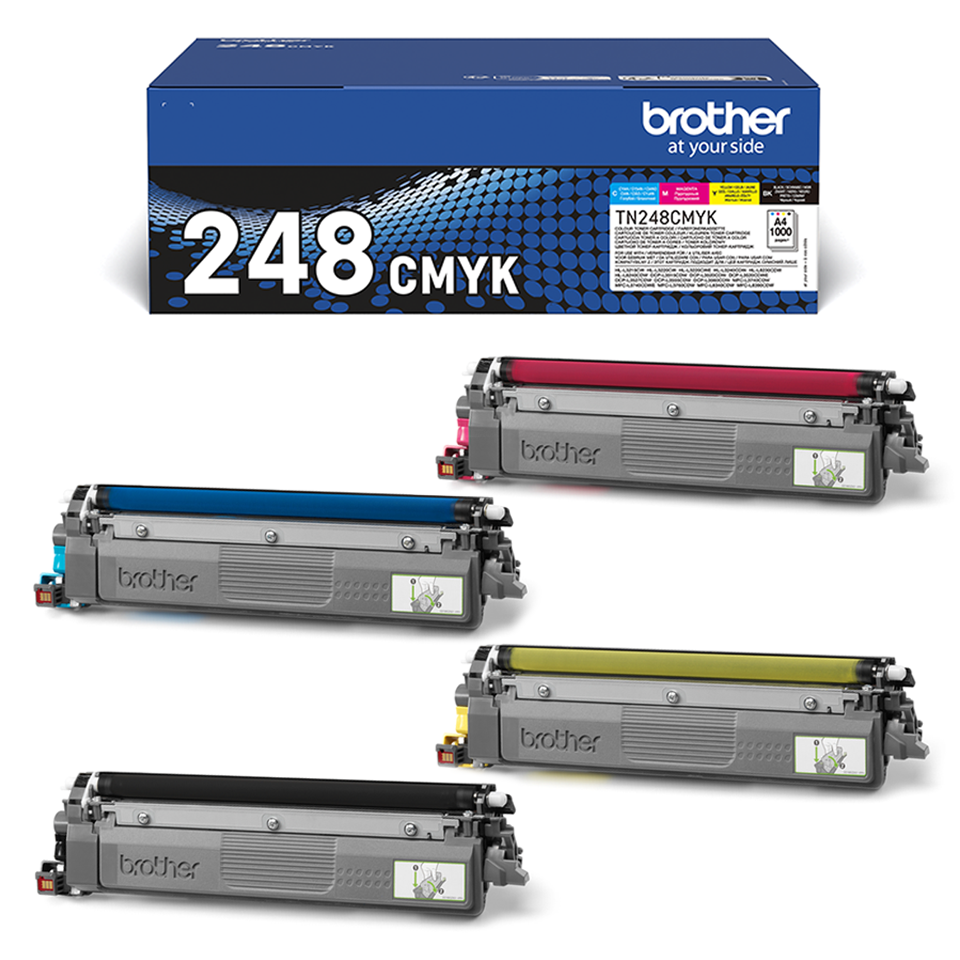 Brother's TN248VAL value pack carton shown on a white background next to the 4 toner cartridges