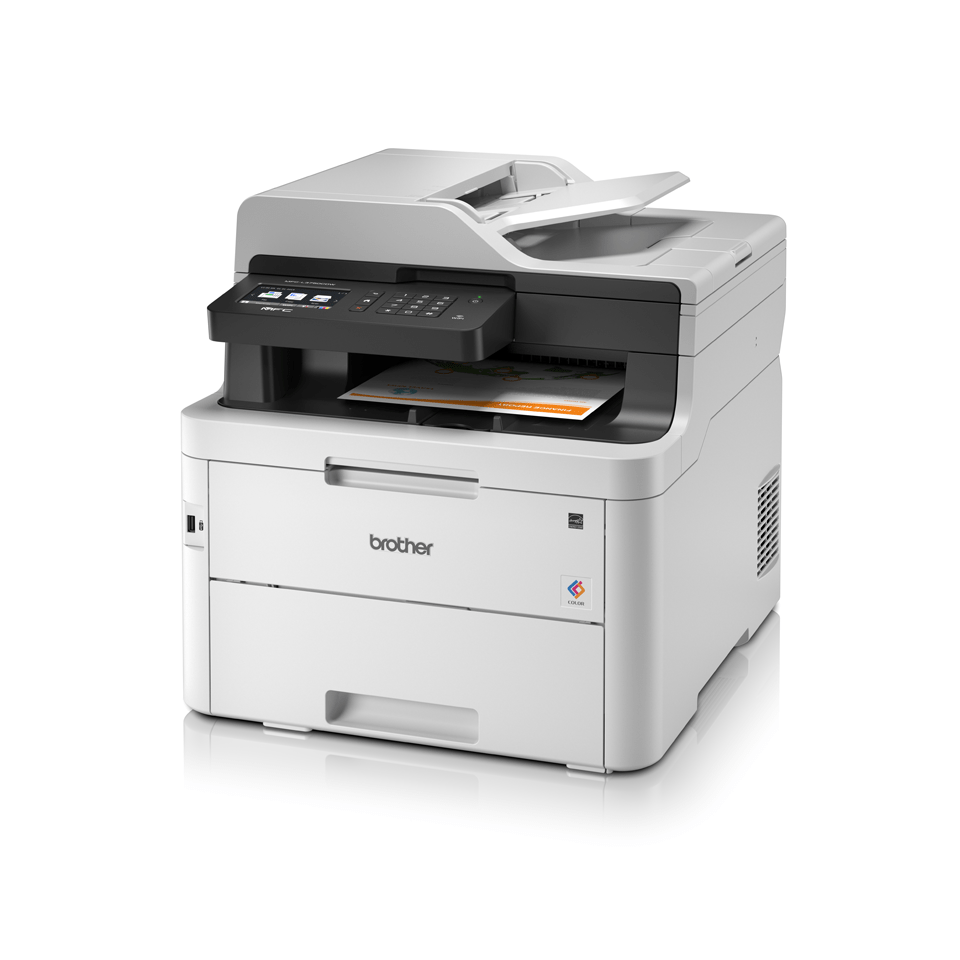 MFCL3750CDW colour LED wireless printers left facing with paper