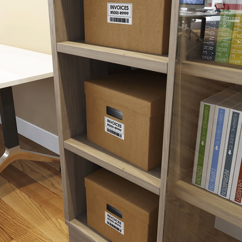 labelled boxes on a shelf