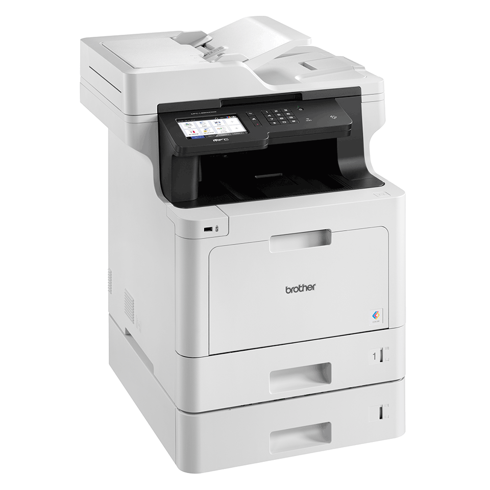 Brother business colour laser MFCL8900CDWLT facing right with additional paper tray