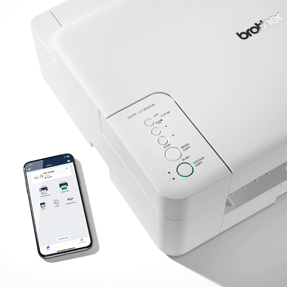 DCPJ1200W with phone next to it with mobile connect app open