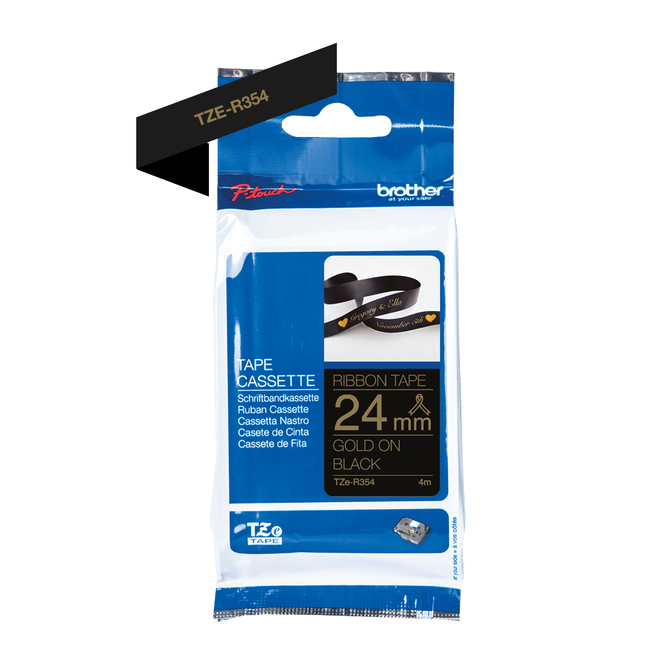 TZe-R354 24mm gold on black TZe ribbon tape packaging