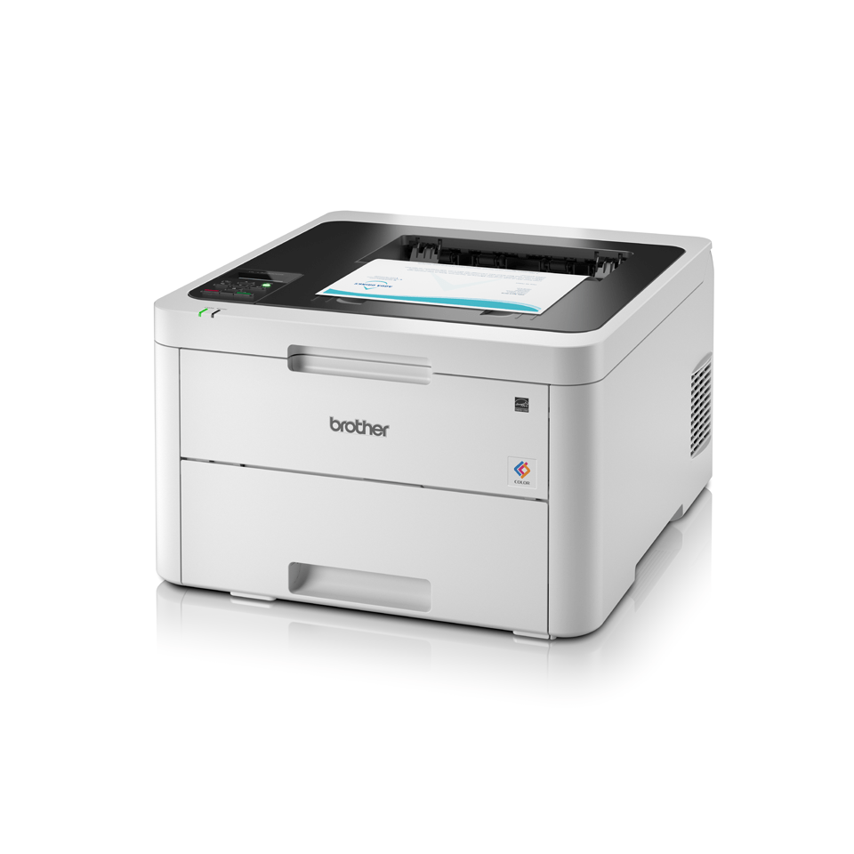 HLL3230CDW colour LED wireless printers left facing with paper