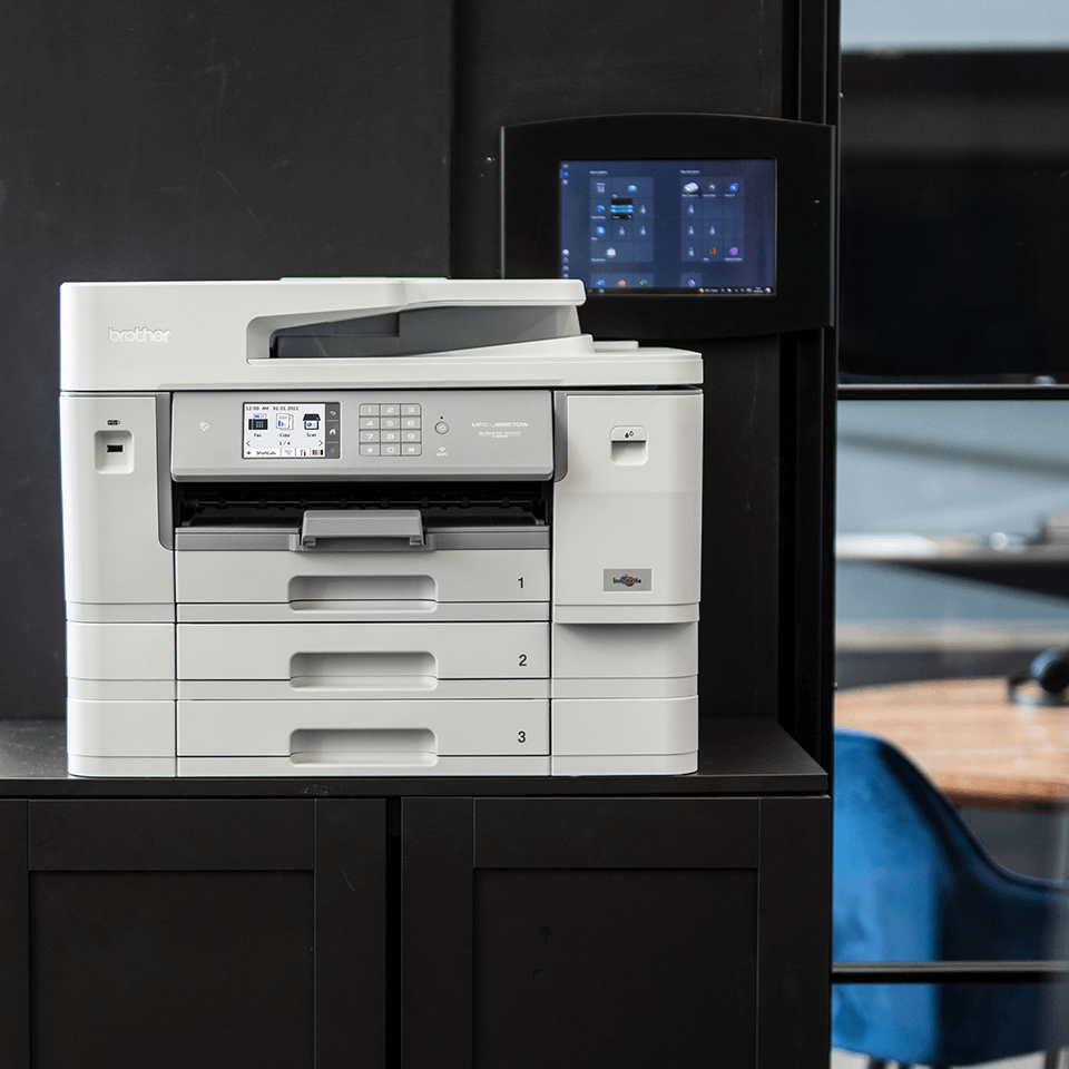 Printer on black cabinet, office, table, chair, TV