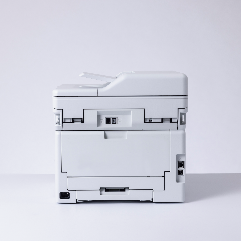 Brother MFC-L3740CDWE LED printer facing back on a white background