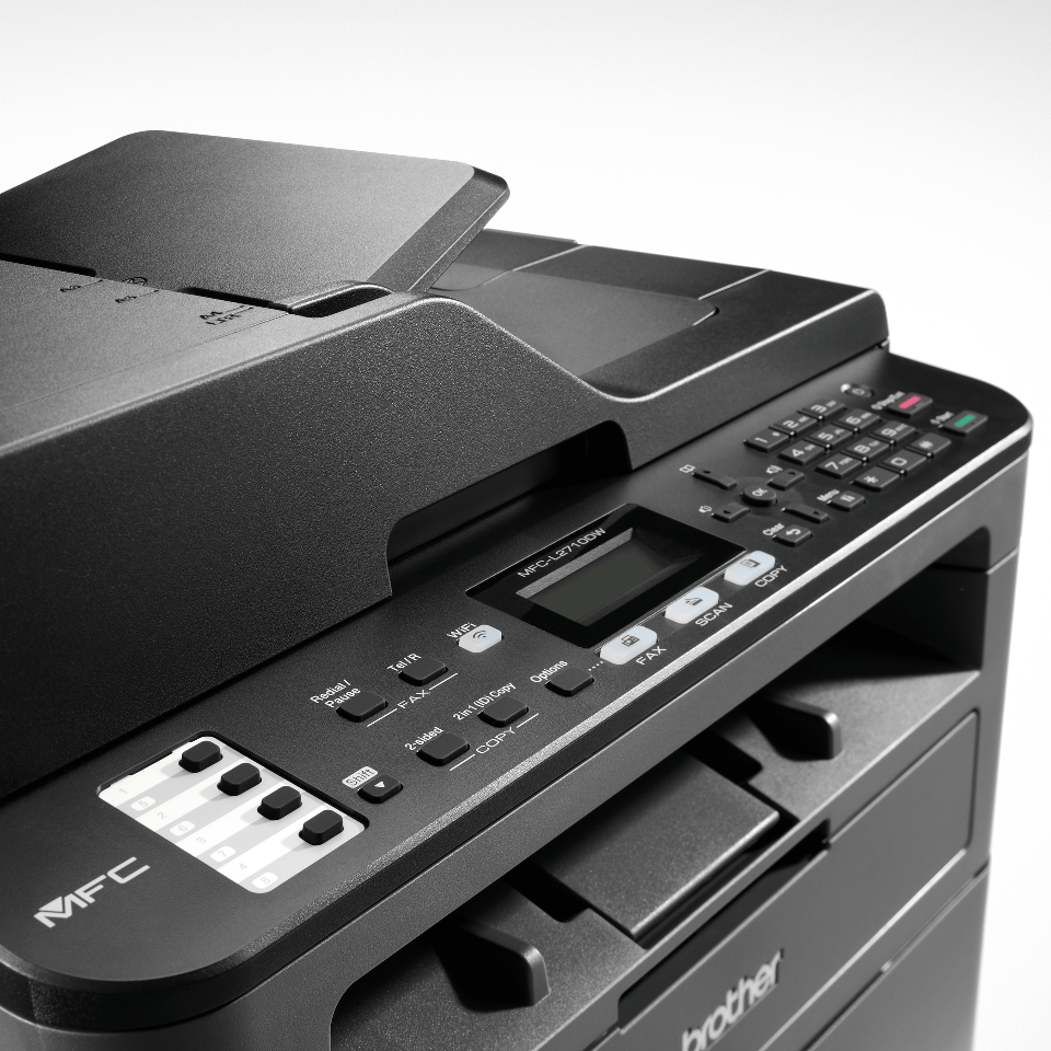 Compact 4-in-1 mono laser printer close up of buttons