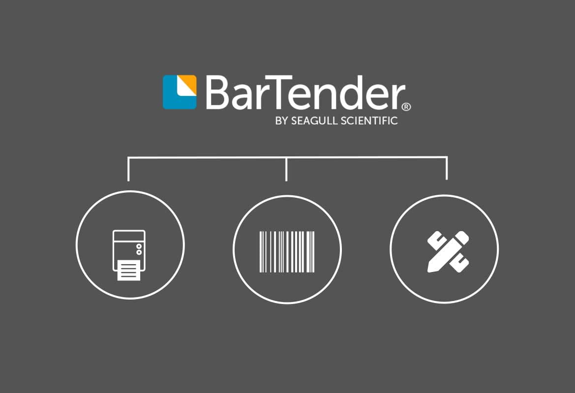 BarTenderb logo with label printer icon, barcode icon, pencil and ruler icon