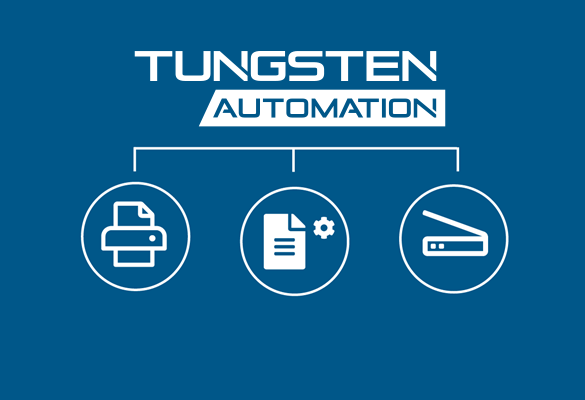 Blue Tungsten Automation logo on white background with cog, cloud and document icons in circles