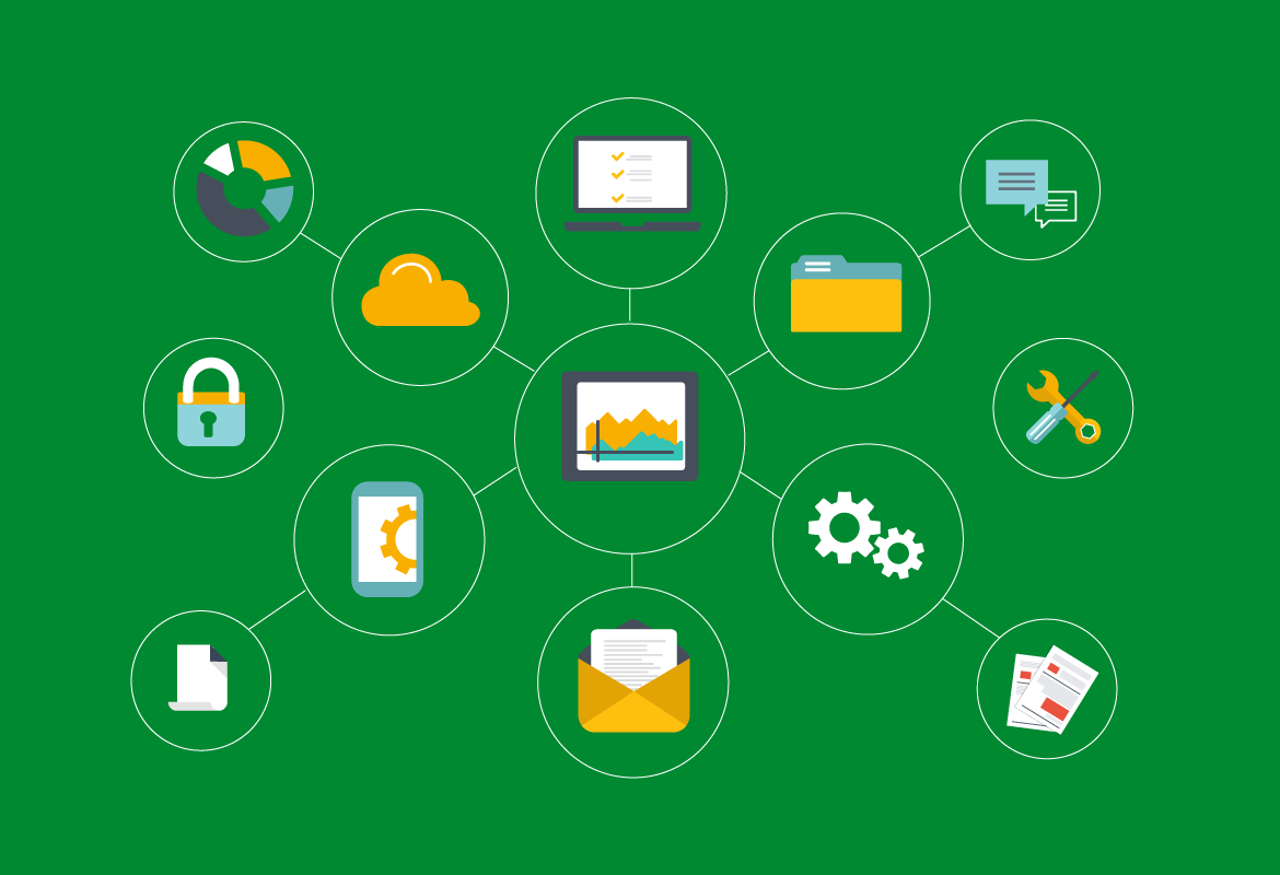 Green background with padlock, cloud, laptop, paper, email, setting icons