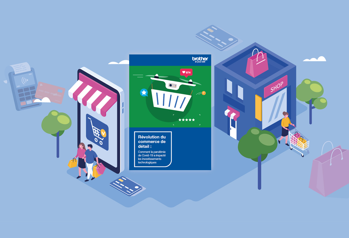 Brochure on a blue background with people shopping, a shop front, a card reader and a shopping bag