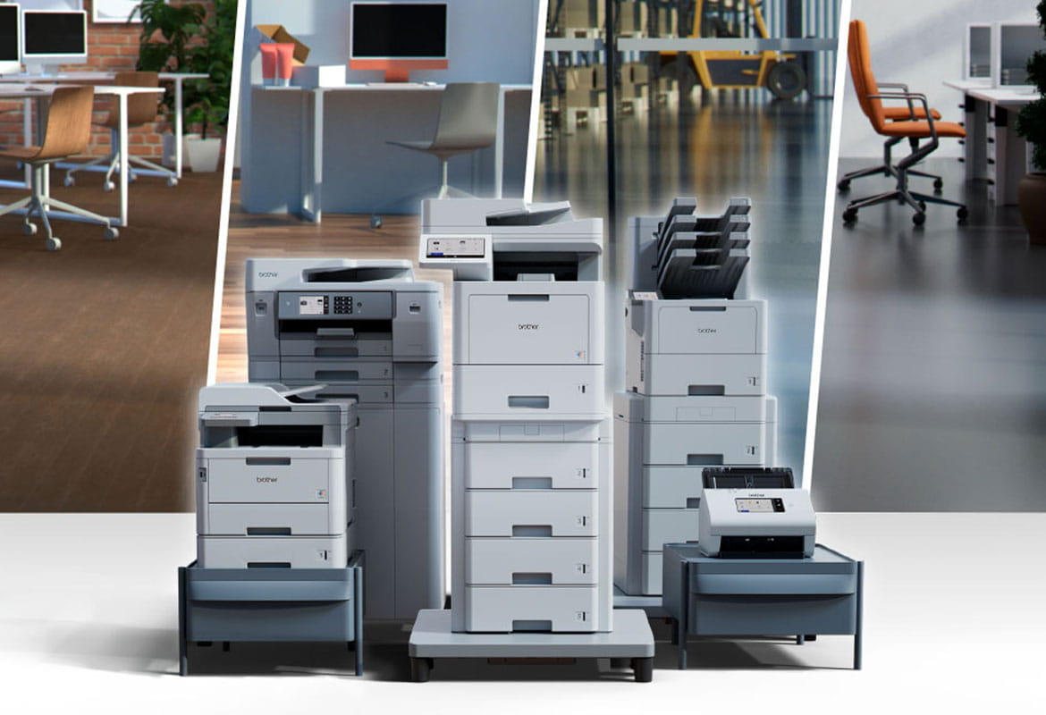 Line up of printers with home office, business office backgrounds