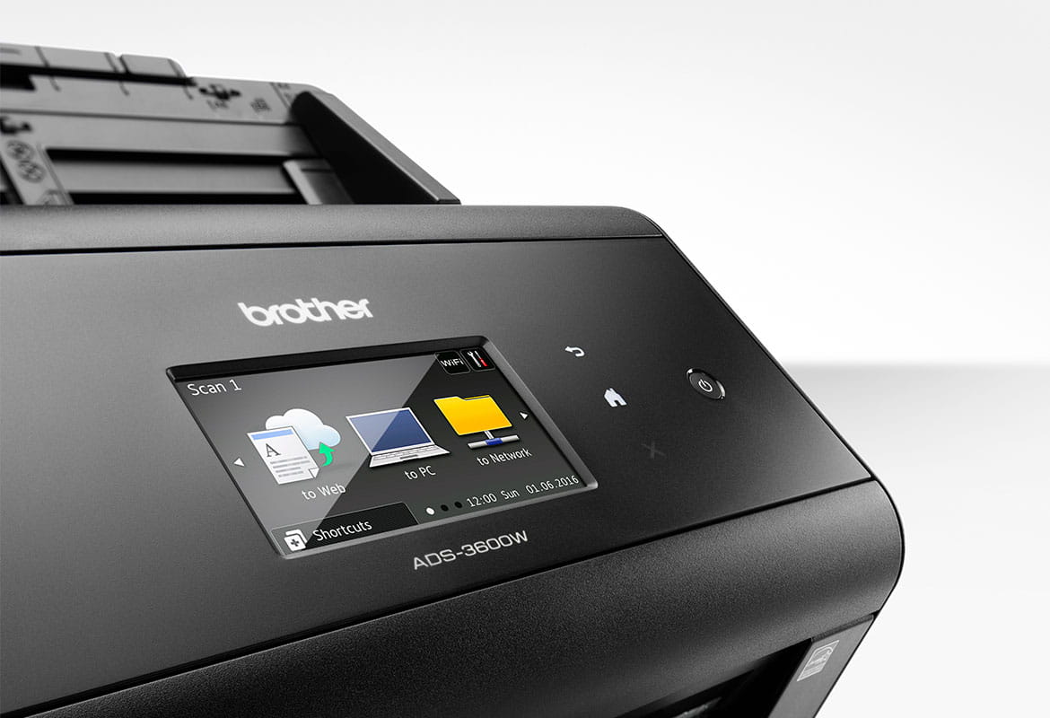 Close up of Brother ADS-4900W desktop document scanner touchscreen