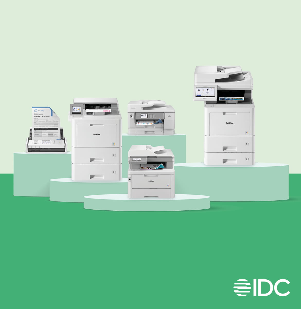 Several printers on podiums with an IDC logo on a green coloured background