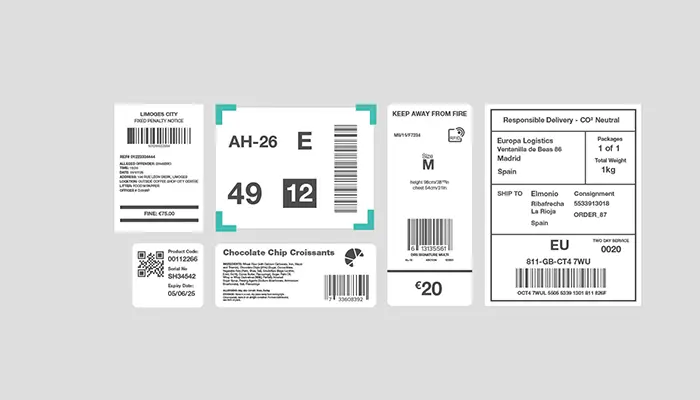 Selection of illustrated barcode labels on a grey background