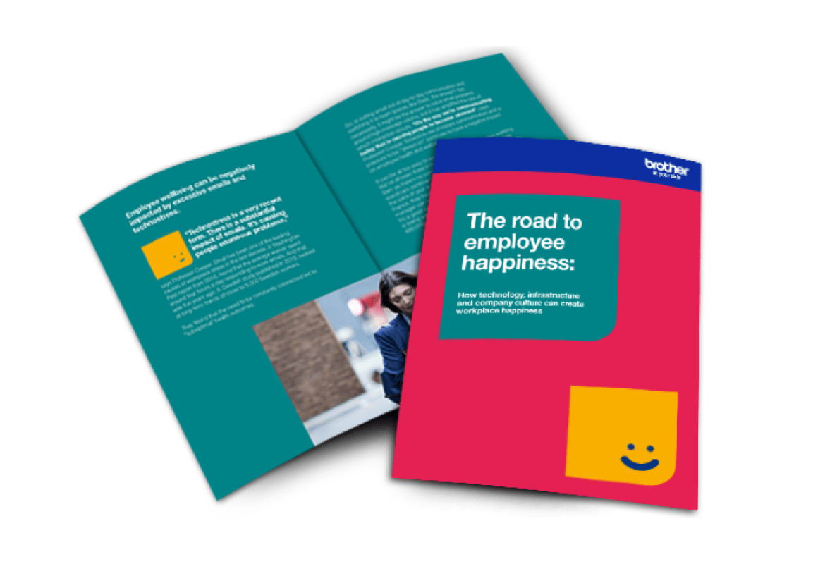 The front guide of The road to employee happiness guide, as well as an open page to display the content